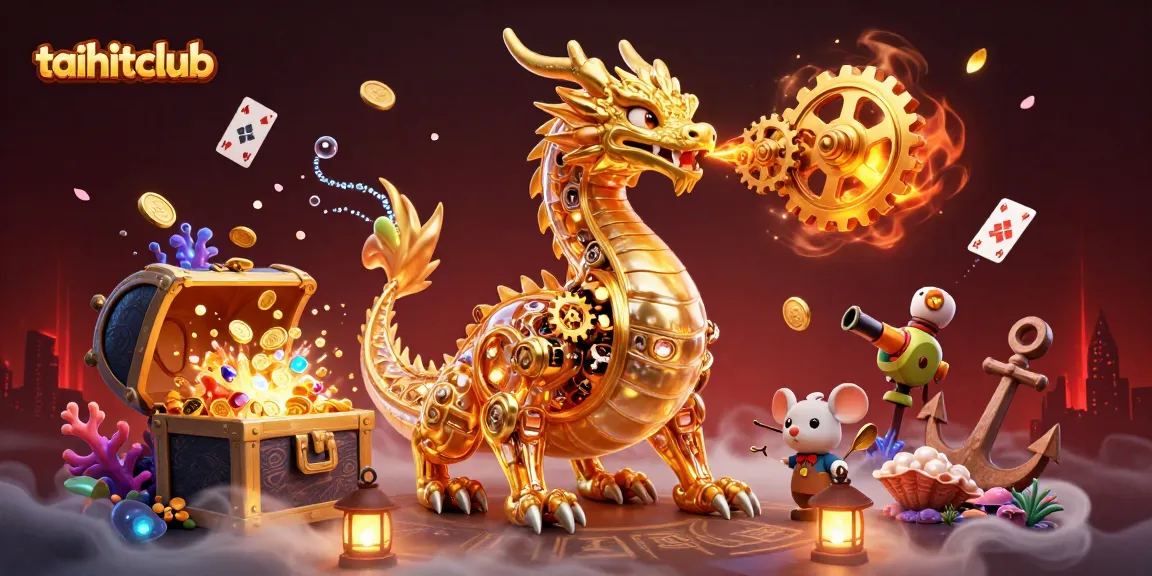 Play vibrant games at taihitclub with a stunning 3D dragon illustration showcasing gold and gems.