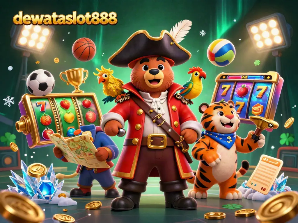 Permainan slot seru di dewataslot888 dengan karakter kartun sekitar jackpot dan simbol buah.