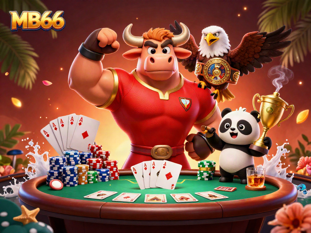 Engage in thrilling poker action with the MB66 bull mascot, eagle, and panda celebrating a victory.