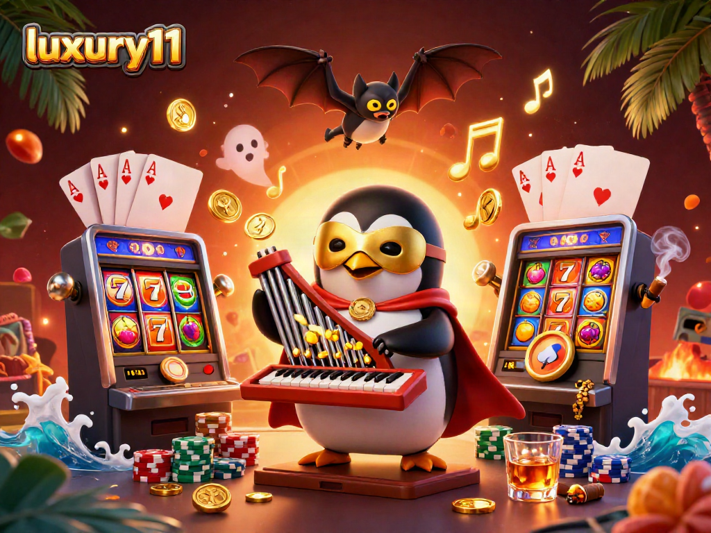 Experience luxury111 with an engaging 3D casino scene featuring vibrant slot symbols and a penguin organist.