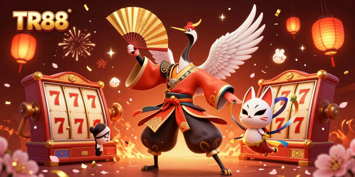 Experience the excitement of TR88 with a vibrant illustration of a kabuki crane and casino elements.