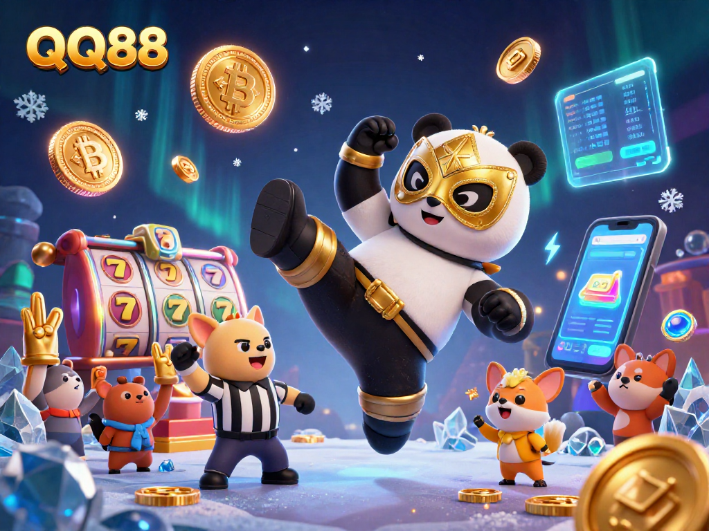 Engage with QQ88's exciting slot experience featuring animated characters and glowing cryptocurrencies.