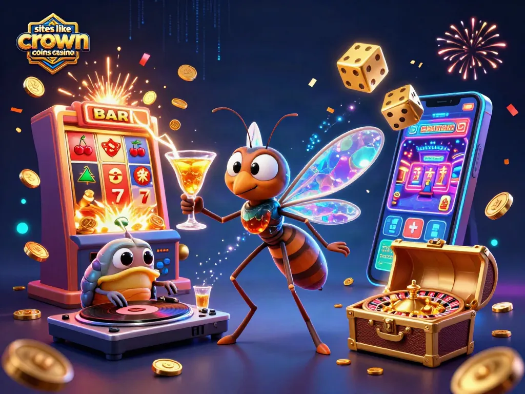 Engage with top sites like crown coins casino through an exciting casino-themed illustration showcasing dynamic game elements.