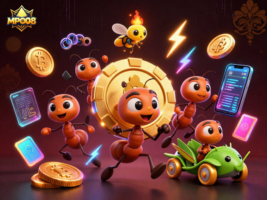 Engage in vibrant MPO08 gameplay with a fun heist scene featuring cartoon ants and cryptocurrency elements.