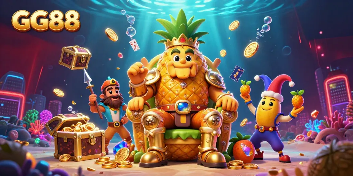 Join the GG88 adventure in an exciting casino scene featuring a golden pineapple king and vibrant treasures.