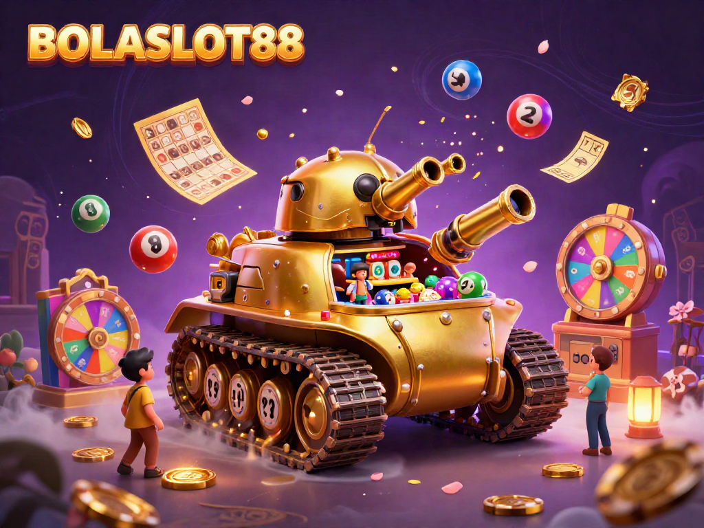Engage with BOLASLOT88's vibrant casino scene featuring a golden beetle tank, confetti, and lottery elements.
