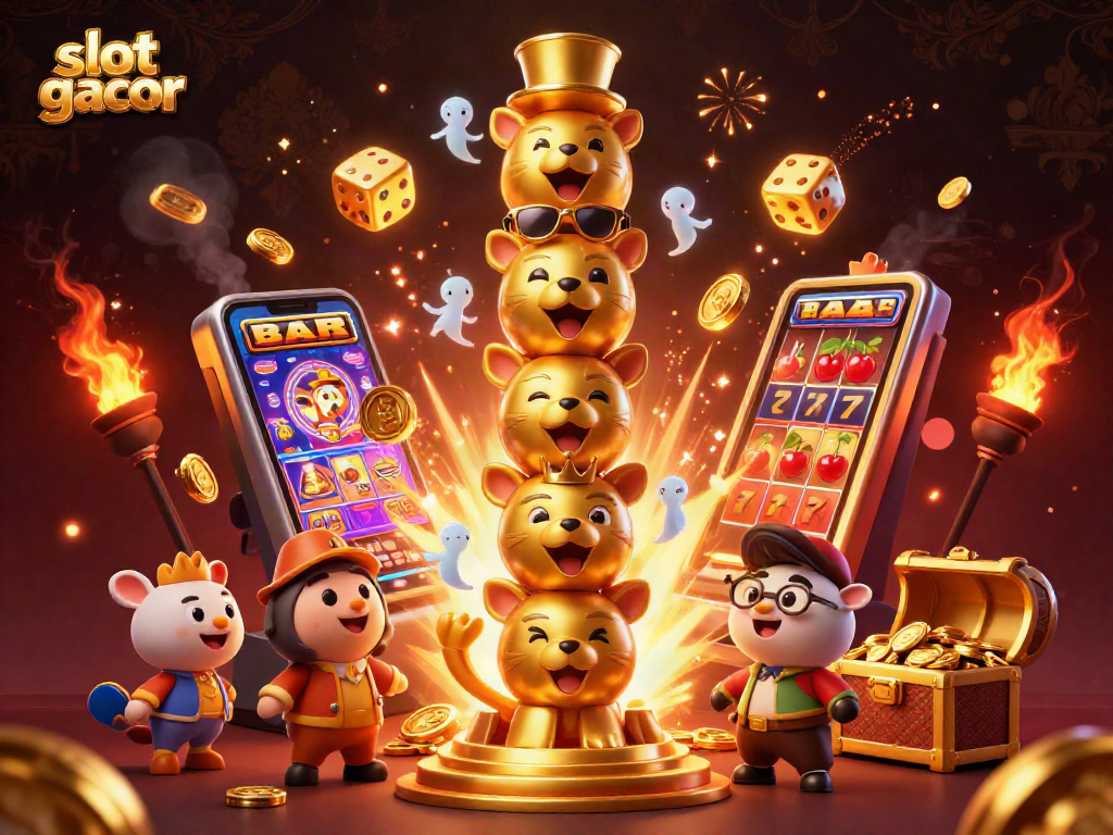 Experience vibrant slot gacor action with dynamic characters and exciting casino elements surrounding them.