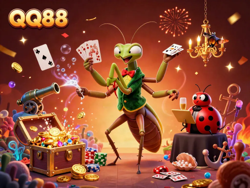 Experience the thrill of QQ88 casino gaming with a vibrant, 3D illustration featuring a giant card sharp and ladybug pit boss in a dynamic casino scene.