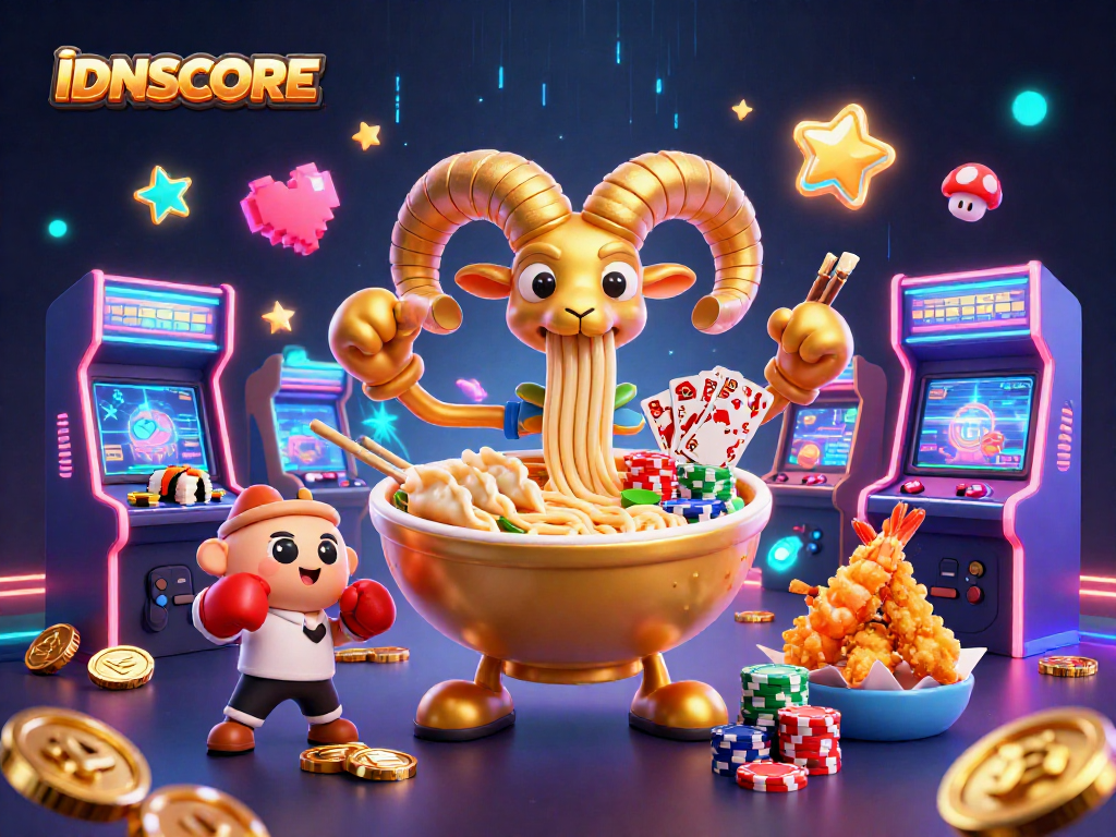 IDNSCORE platform showcases vibrant cartoon characters dealing cards at a lively casino.