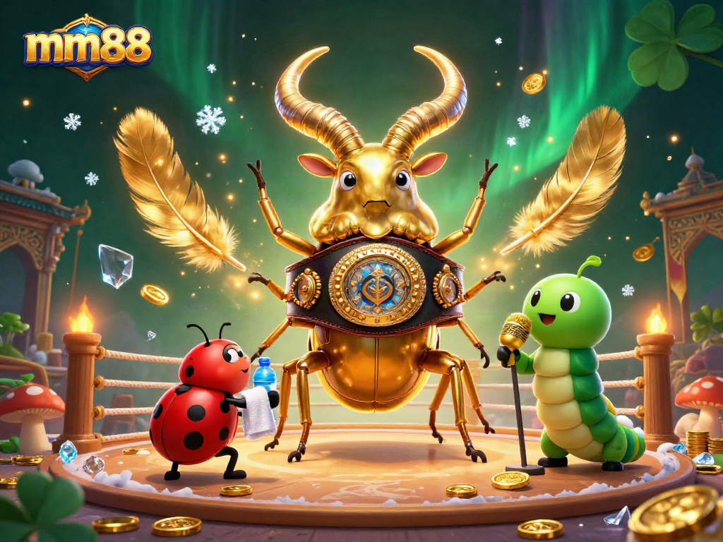 mm88 showcases an epic showdown between a giant stag beetle and a crafty ladybug in a vibrant casino arena.
