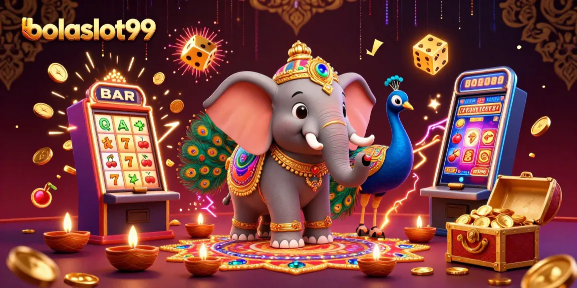 Bolaslot99 features an energetic casino scene with colorful elephant, jackpot symbols, and vibrant game elements.