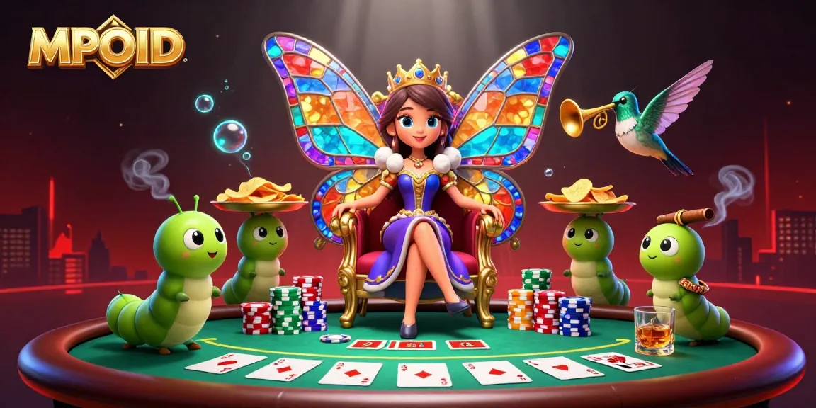 MPOID engages players at a vibrant casino showcasing the butterfly queen and colorful poker elements.