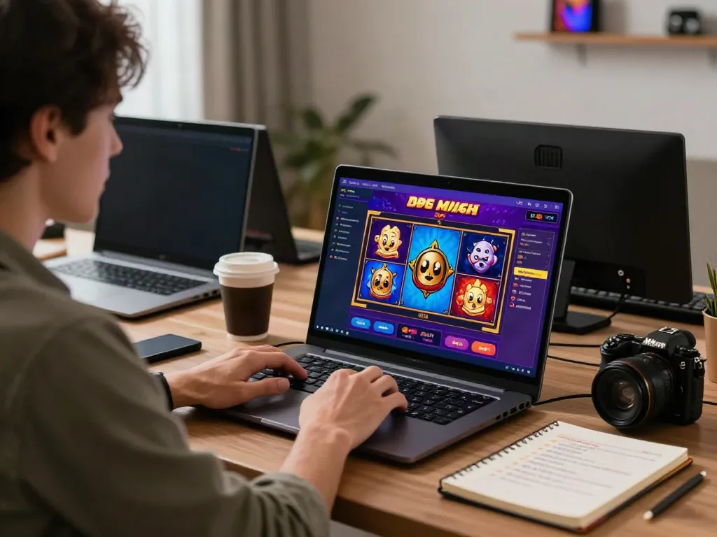 Player enjoying a link slot game at home with vibrant graphics and interactive elements.