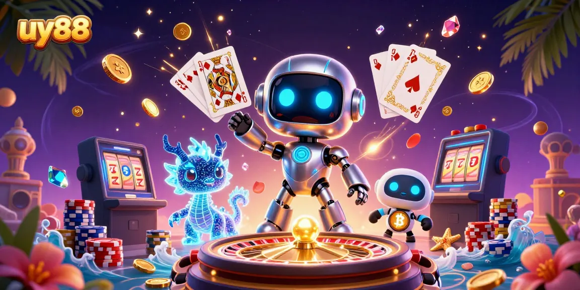 Experience big wins with uy88's vibrant casino adventure featuring robots and holographic companions.