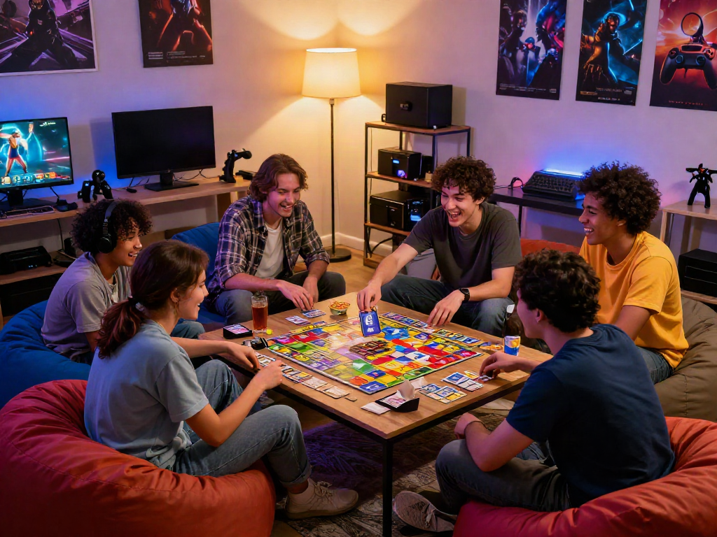 Friends enjoying a lively kebuntoto game night in a cozy living room.
