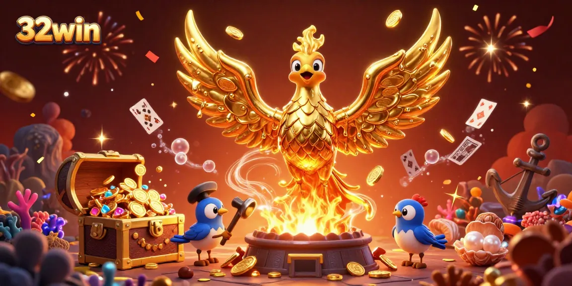 Experience thrilling gameplay with 32win, featuring a golden phoenix and treasure-filled underwater treasures.