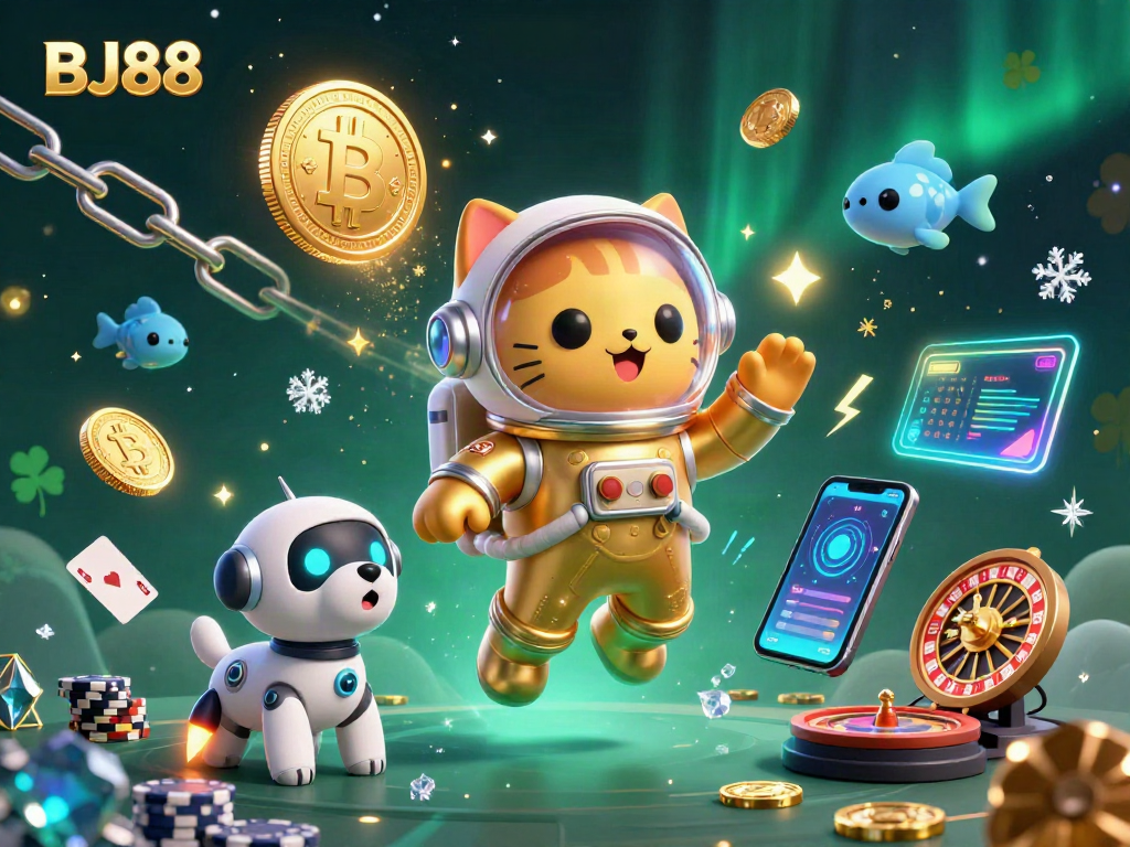 Engage with BJ88 casino adventures featuring a space astronaut cat, robot dog, and cosmic elements.