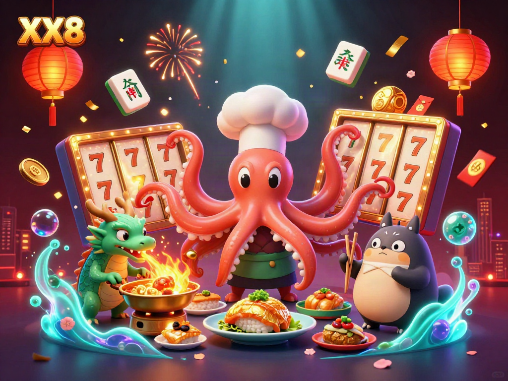 Celebrate jackpot wins with the vibrant characters of XX8, featuring an octopus chef, dragon, and tanuki amidst slot reels and fireworks.