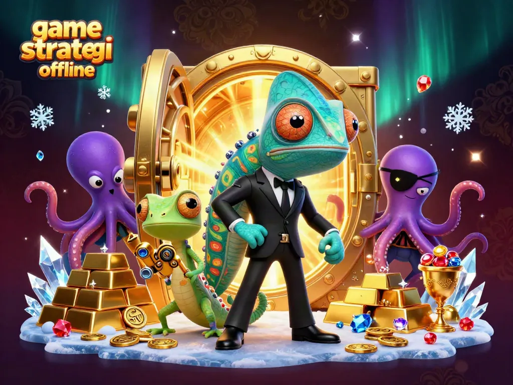 Gambarkan permainan strategi offline dengan agen chameleon dalam aksi dan gecko pintar dengan gadget emas.