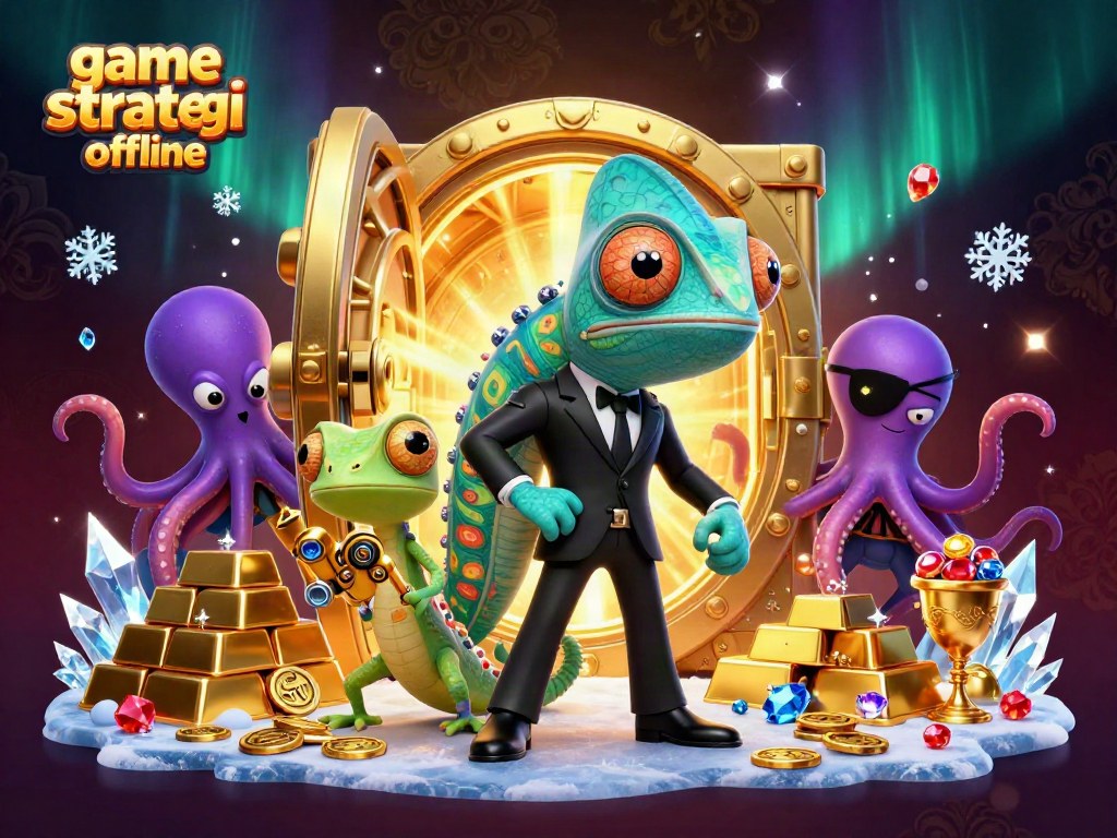 Gambarkan permainan strategi offline dengan agen chameleon dalam aksi dan gecko pintar dengan gadget emas.
