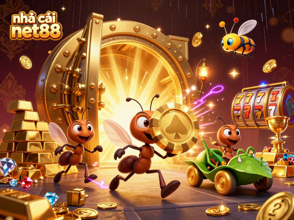 nhà cái net88 showcases ants in a heist carrying a giant poker chip, surrounded by luxury casino elements.