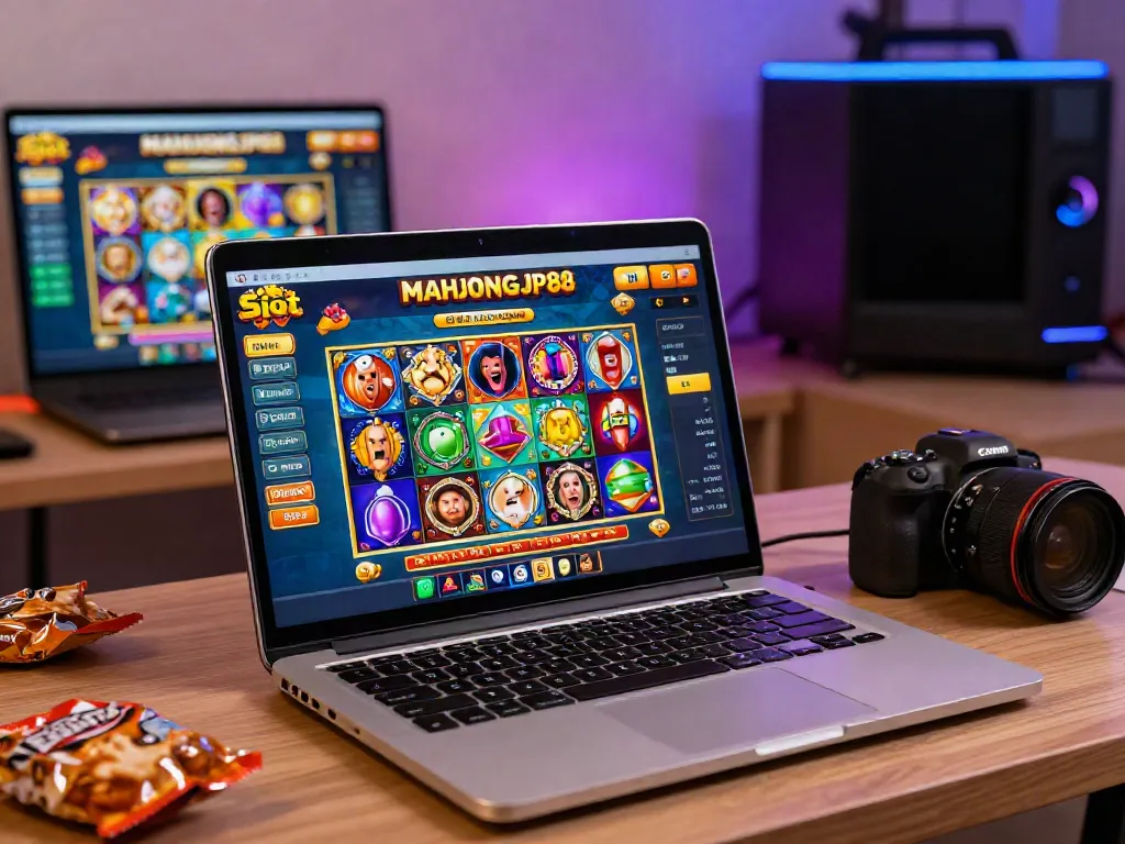 Dynamic gaming scene featuring Slot MAHJONGJP88 setup with player enjoying colorful slot games.