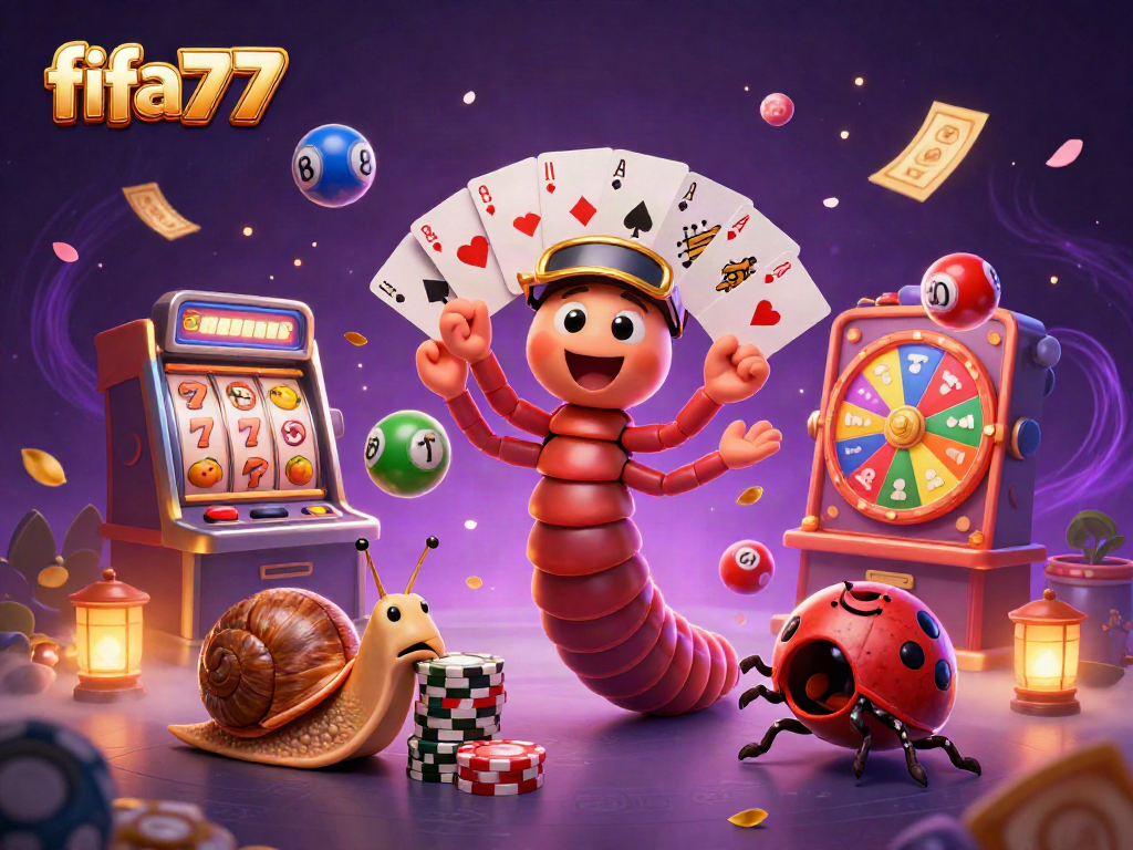Experience fifa777 in this dynamic casino scene with vivid characters, slot machines, and lottery excitement.