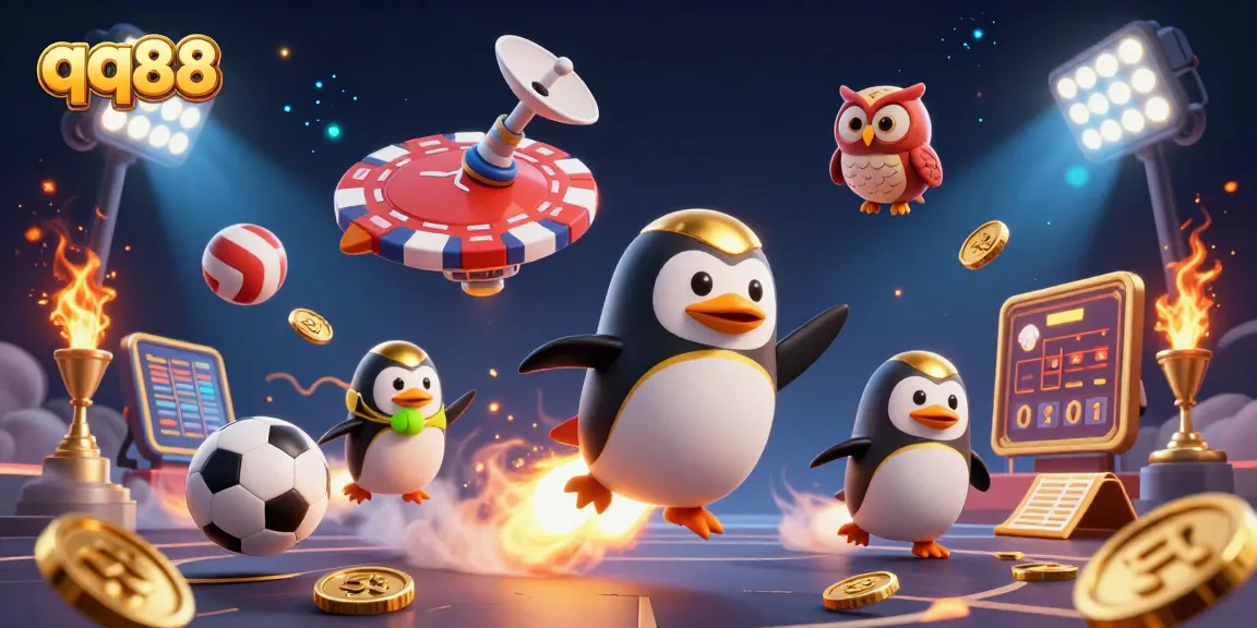 Experience thrilling betting action with qq88 as a golden penguin blasts through a casino-themed space.