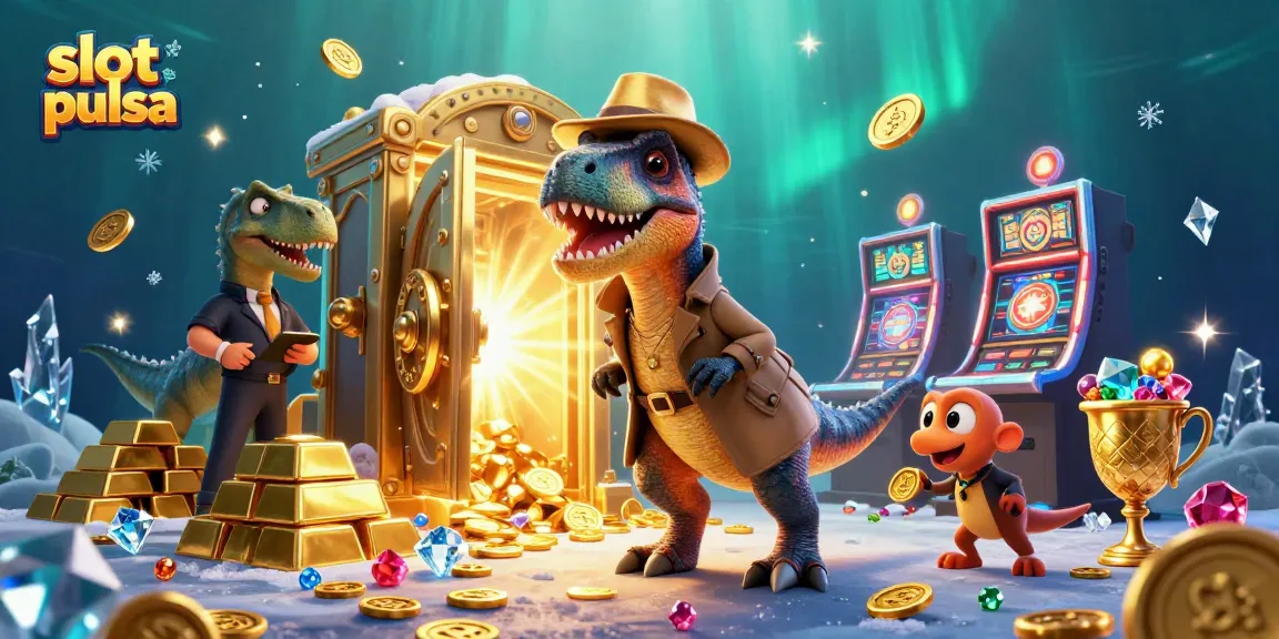 Engage in slot pulsa thrills with vibrant characters encountering treasures at a casino table.