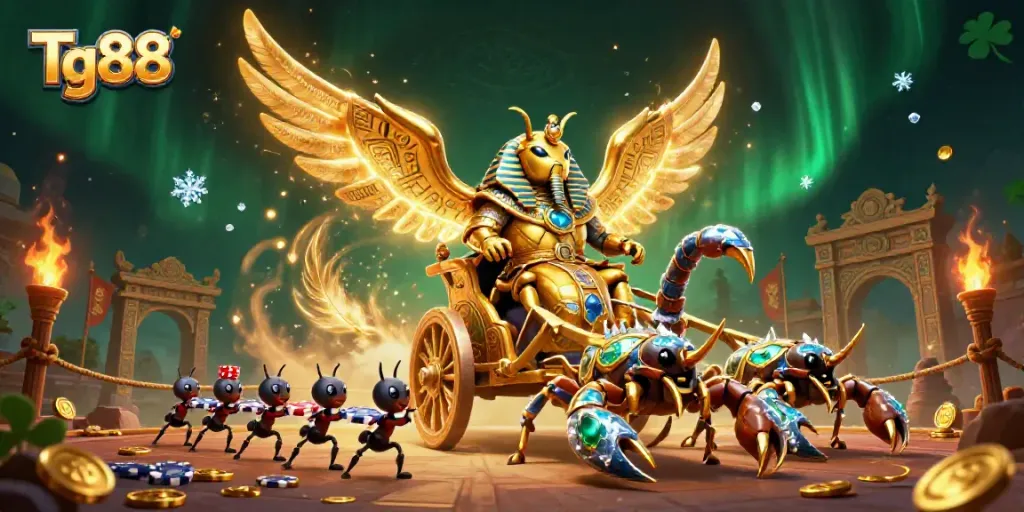 Tg88 highlights the excitement of online gambling with a heroic scarab and scorpions, capturing the thrill of betting.