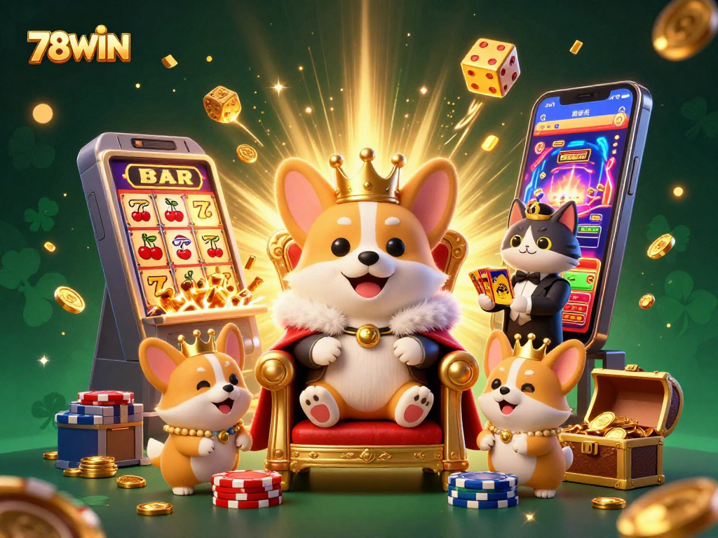 Experience the excitement of 78WIN with a royal corgi atop a throne surrounded by thrilling casino elements.