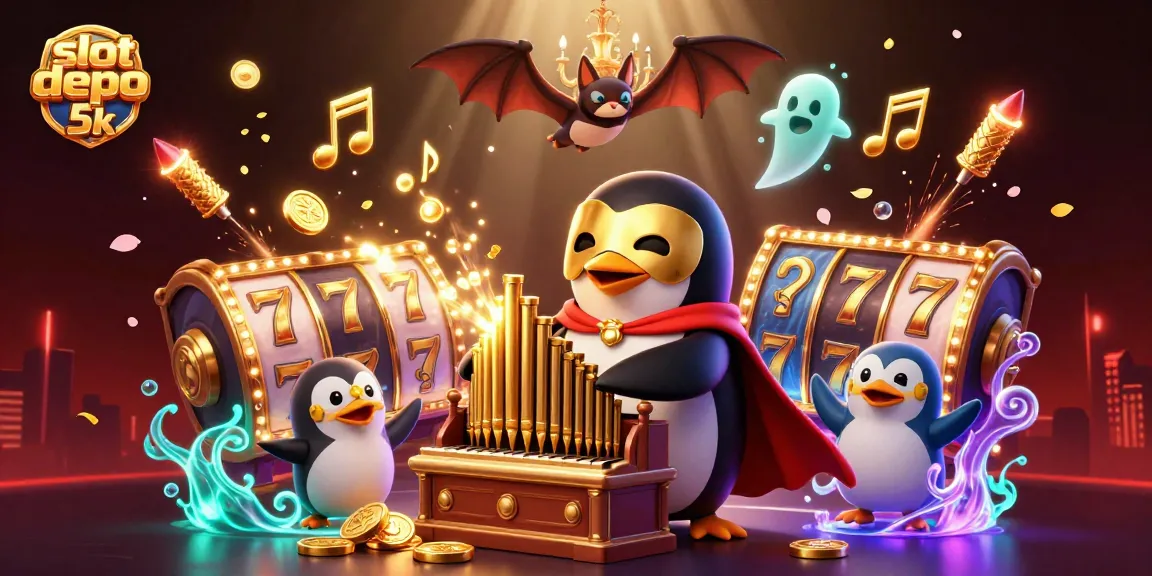 Experience the excitement of slot depo 5k with vibrant graphics, slot reels, and golden coins in this 3D illustration.