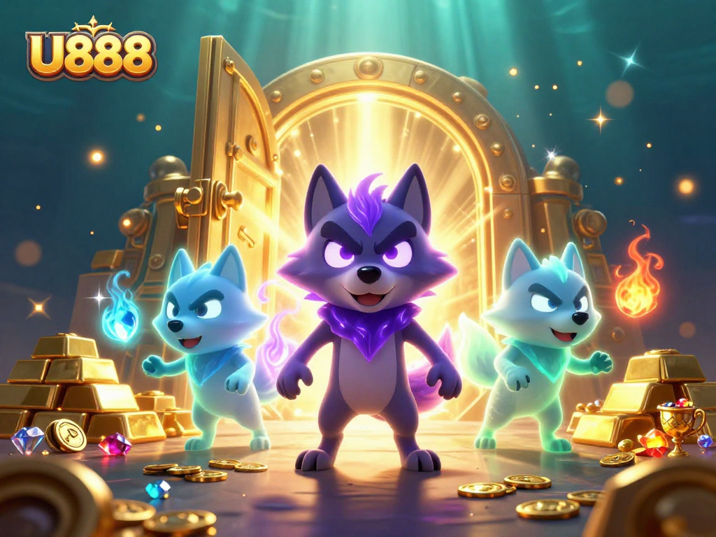 Experience thrilling gaming at U888 with a captivating 3D illustration of ghostly wolves and treasure.