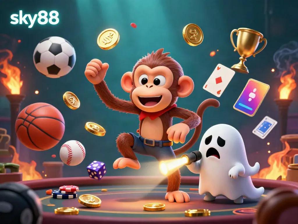 An engaging scene of the sky88 poltergeist monkey juggling golden items in a dynamic casino environment.