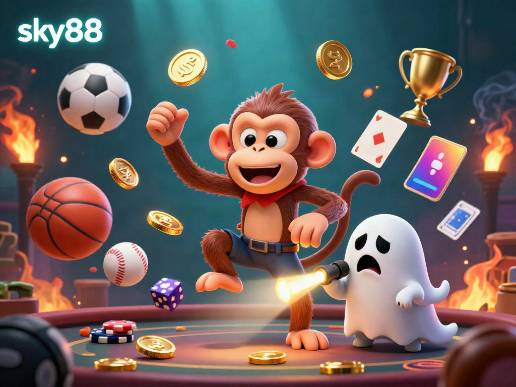 An engaging scene of the sky88 poltergeist monkey juggling golden items in a dynamic casino environment.