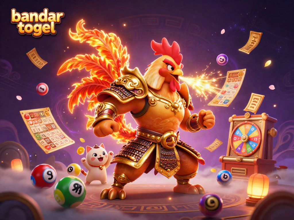 Engaging scene with a fighting rooster and dragon for bandar togel lottery excitement.
