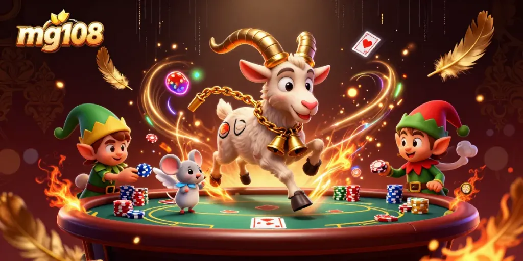 Gambarkan keseruan bermain poker dengan mg108 di kasino virtual, dikelilingi karakter magis.
