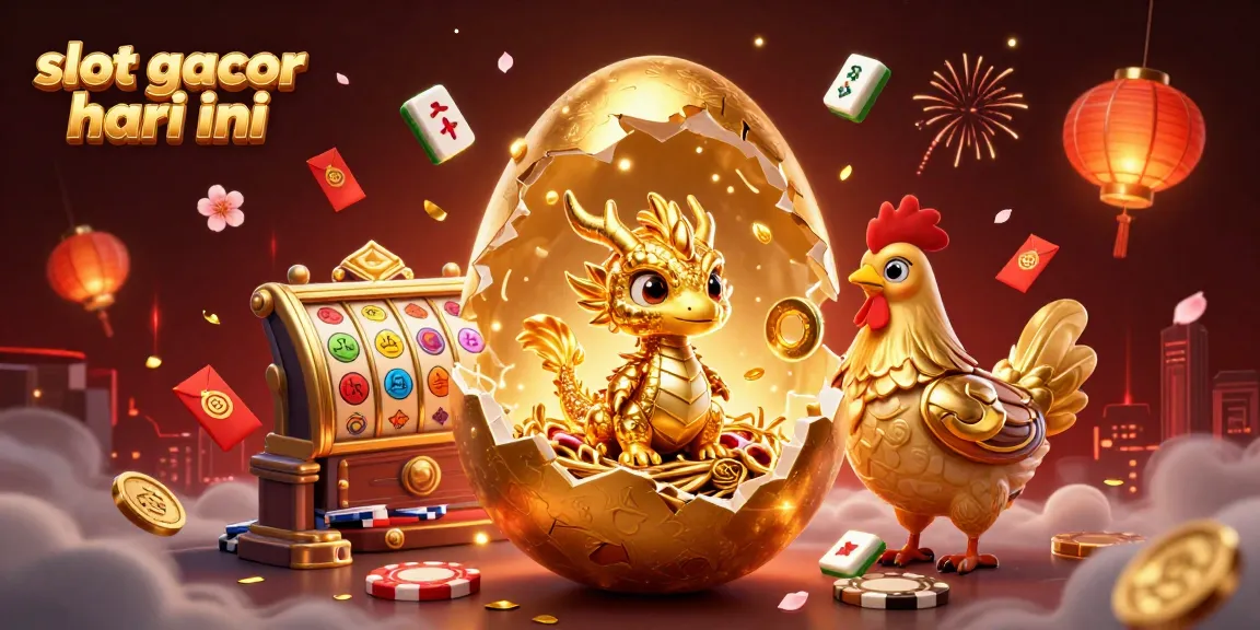 Slot gacor hari ini: ilustrasi kasino menampilkan naga emas dan simbol slot mengelilingi suasana yang meriah.