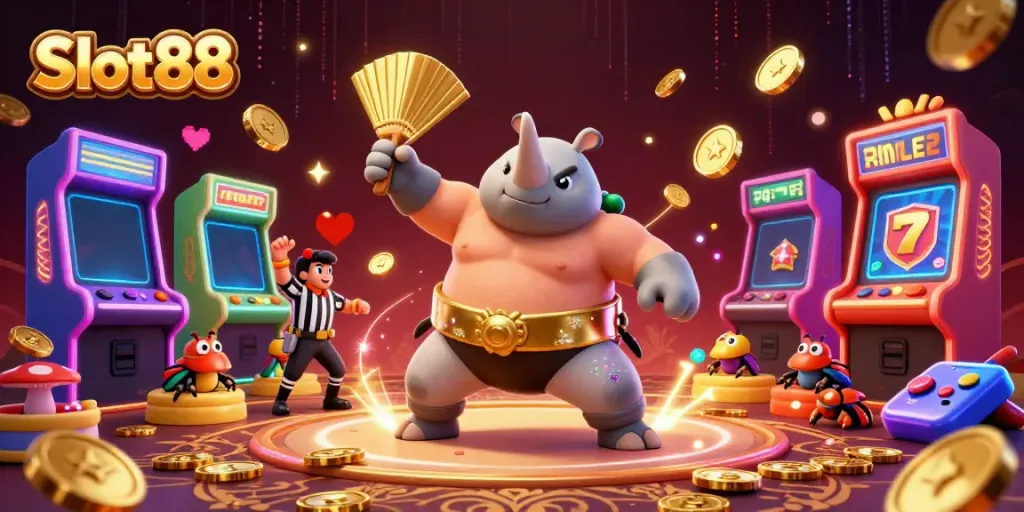Experience Slot88 excitement with a colorful casino scene featuring a beetle sumo champion and vibrant game elements.