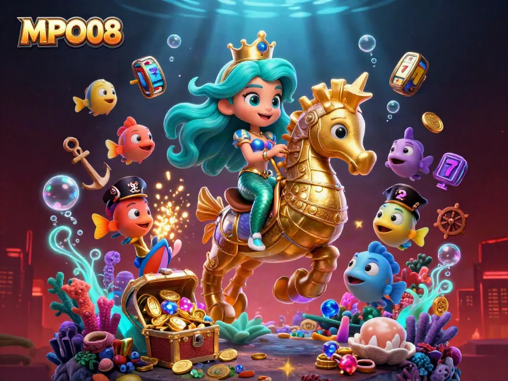 Engage in exciting gambling with MPO08, featuring a vibrant mermaid princess on a seahorse amidst treasure and slot reels.