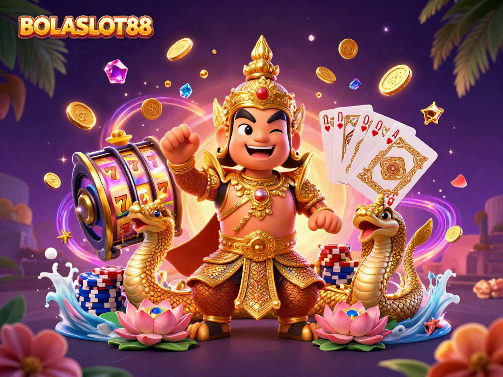 BOLASLOT88 showcases a vibrant 3D casino scene with a guardian and Naga, dynamic slot spins, and golden treasures.