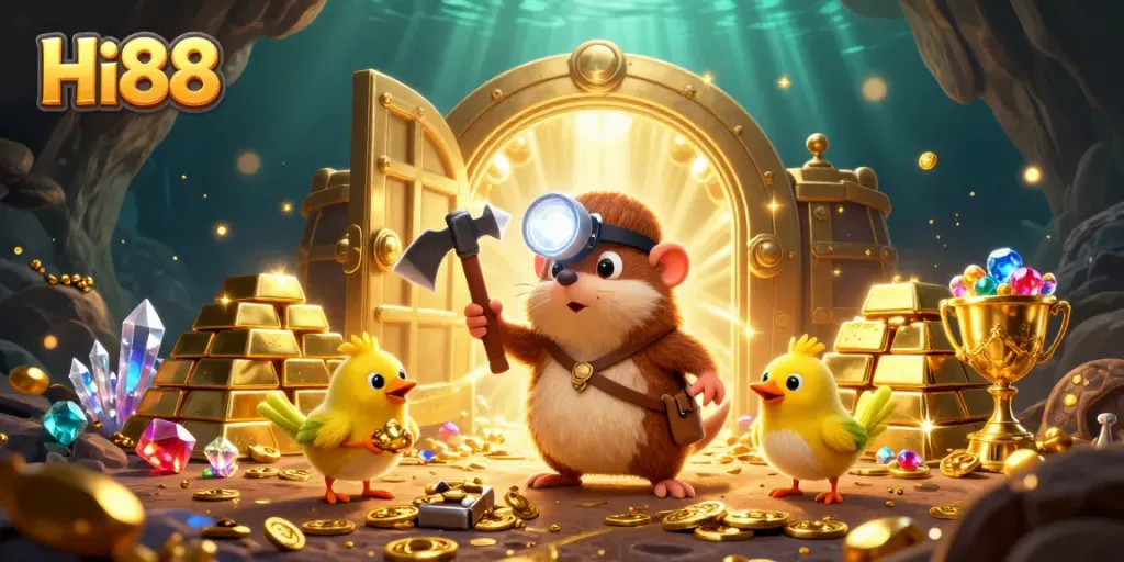 Experience the excitement at Hi88 with a treasure hunter mole discovering riches in a vibrant casino cave.