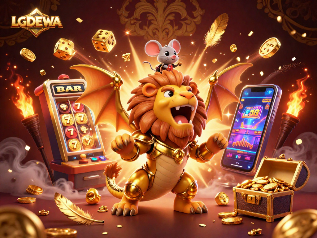 Experience thrilling gameplay with LGODEWA in vibrant casino-themed illustration featuring jackpot symbols and characters.