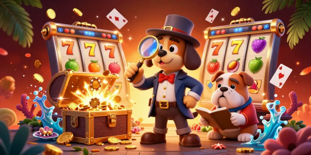 Engage with QQ Slot's vibrant world, featuring a detective and bulldog discovering treasures and thrilling slot games.