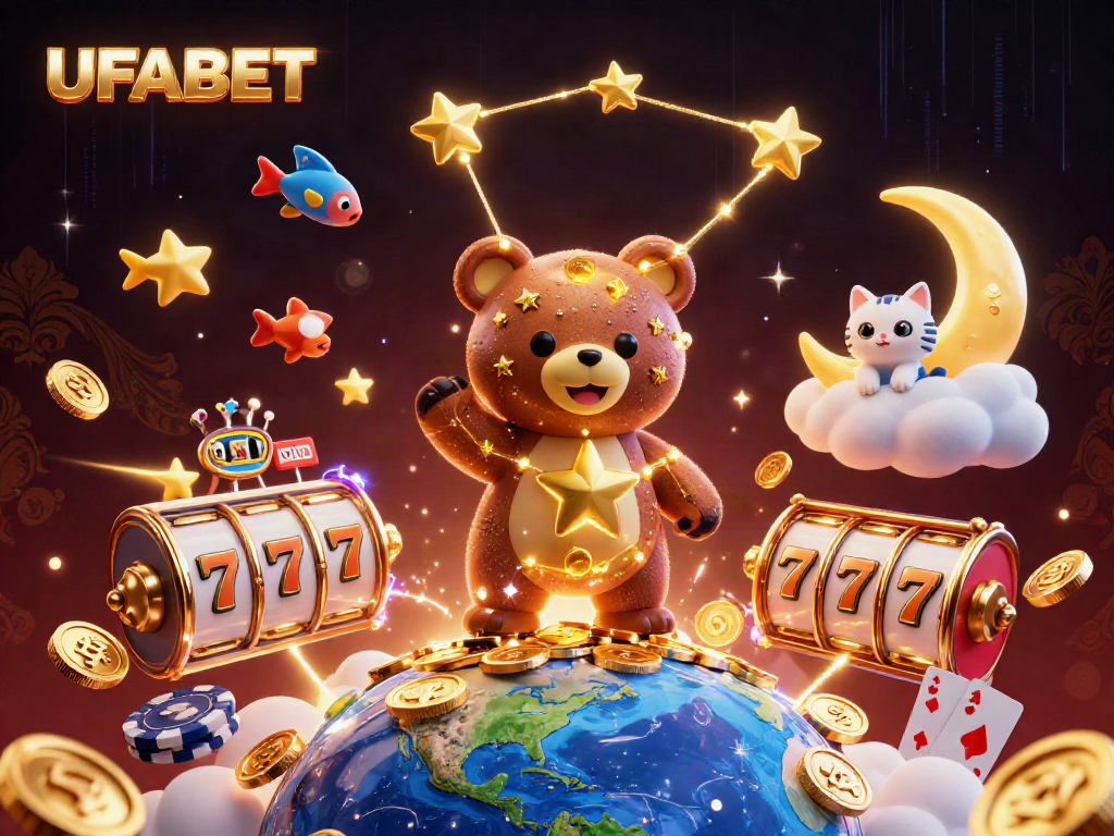 UFABET constellation bear scoops coins in a vibrant online casino scene with slot reels and poker cards.