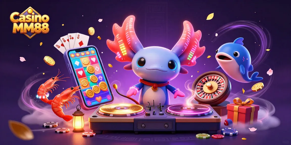 Experience the lively Casino MM88 scene with neon characters dancing among vibrant gaming elements.