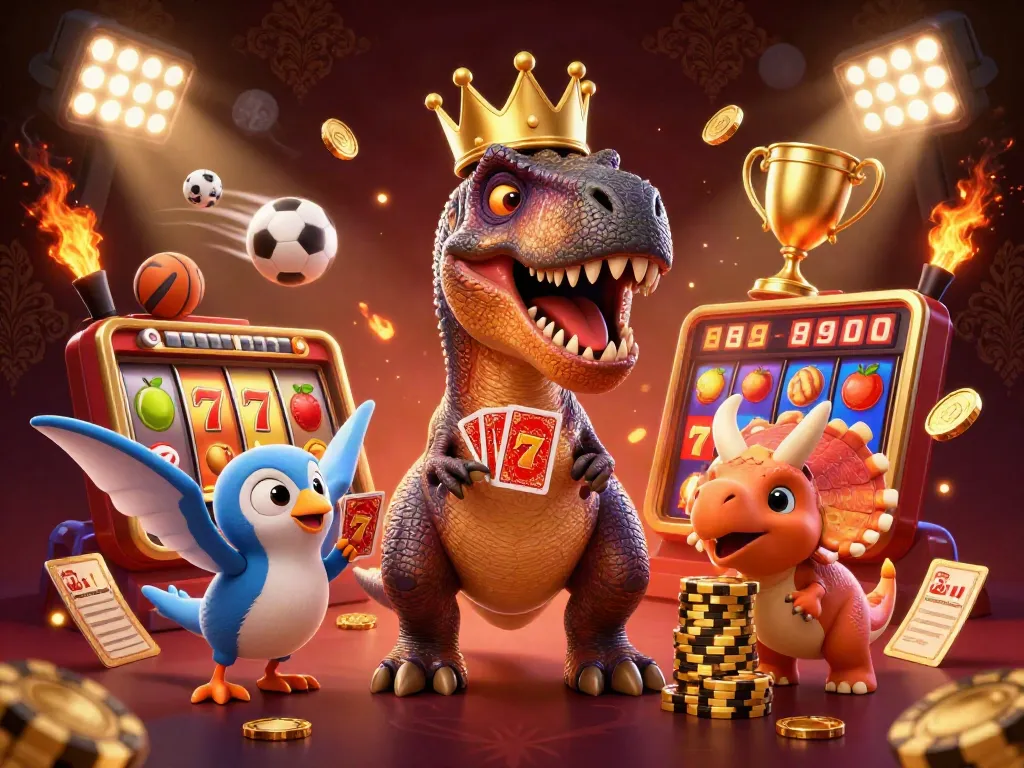 Engaging slot-themed scene with a T-Rex and friends surrounded by dynamic slot elements and gold coins.