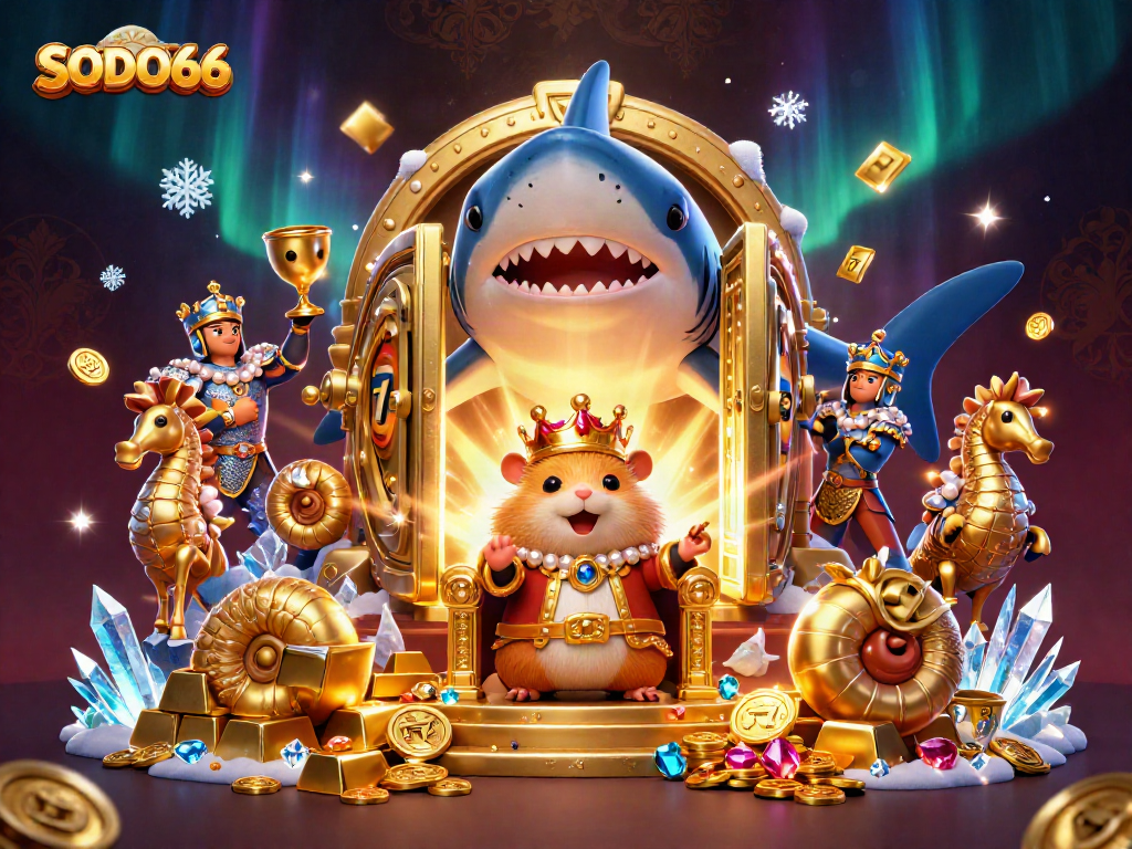 Engage with SODO66's vibrant casino world featuring a golden hamster king and treasures.