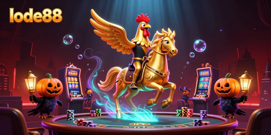 Experience thrilling gaming moments at lode88 with a golden rooster amid vibrant casino action.
