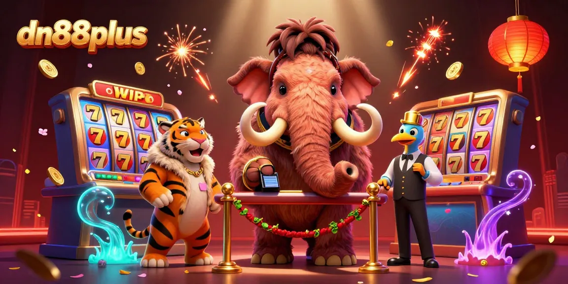 Experience the vibrant world of dn88plus with a lively casino scene featuring a woolly mammoth bouncer and dynamic gaming elements.